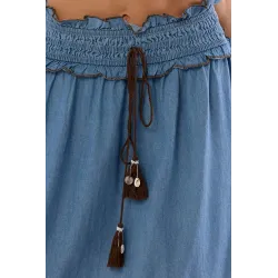 Denimowy komplet z koszulą i spódnicą maxi z haftem