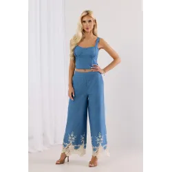 Komplet z topem gorsetowym i szerokimi spodniami z haftowanym dołem