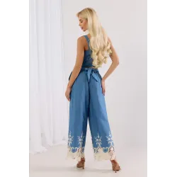 Komplet z topem gorsetowym i szerokimi spodniami z haftowanym dołem