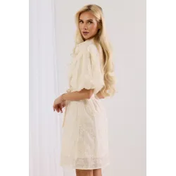 Sukienka koszulowa z haftem i bufiastymi rękawami