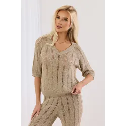 Komplet dzianinowy z ażurowym splotem z metaliczną nitką