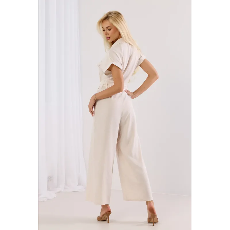 Lniany kombinezon koszulowy z szerokimi nogawkami