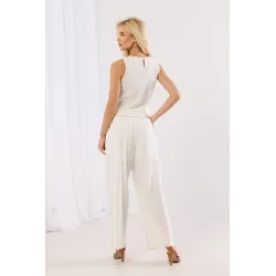 Lniany komplet z topem i spodniami z ażurowym haftem