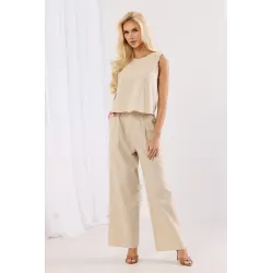 Lniany komplet z topem i spodniami z ażurowym haftem