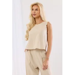 Lniany komplet z topem i spodniami z ażurowym haftem