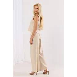 Lniany komplet z topem i spodniami z ażurowym haftem