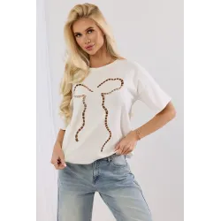 T-shirt z wycinanym motywem kokardy i haftem