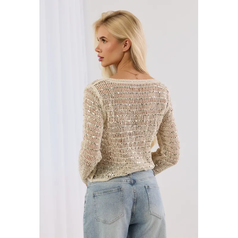 Krótki ażurowy kardigan z cekinami