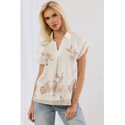 Lniana bluzka z haftem paisley