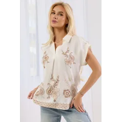 Lniana bluzka z haftem paisley