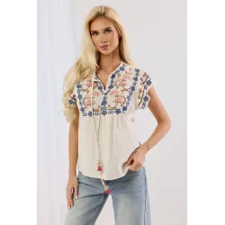 Bluzka boho z kolorowym haftem i chwostami