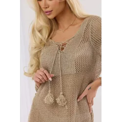 Metaliczna tunika ażurowa typu mesh z wiązaniem i frędzlami