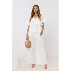 Haftowany komplet z bluzką z falbankami i spodniami palazzo