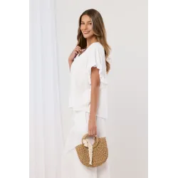 Haftowany komplet z bluzką z falbankami i spodniami palazzo