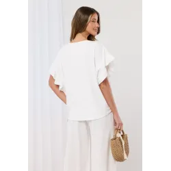 Haftowany komplet z bluzką z falbankami i spodniami palazzo