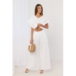 Haftowany komplet z bluzką z falbankami i spodniami palazzo