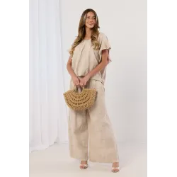 Haftowany komplet z bluzką z falbankami i spodniami palazzo