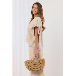 Haftowany komplet z bluzką z falbankami i spodniami palazzo