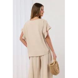 Haftowany komplet z bluzką z falbankami i spodniami palazzo