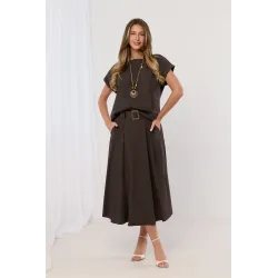 Komplet z bluzką z naszyjnikiem i spódnicą midi z paskiem