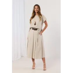 Komplet z bluzką z naszyjnikiem i spódnicą midi z paskiem