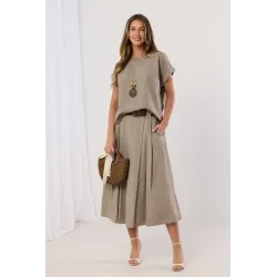 Komplet z bluzką z naszyjnikiem i spódnicą midi z paskiem