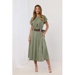 Komplet z bluzką z naszyjnikiem i spódnicą midi z paskiem