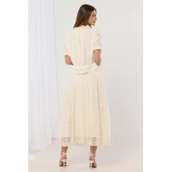 Ażurowy komplet z bluzką z falbanką i spódnicą maxi