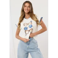 T-shirt z haftowaną lamówką i nadrukiem okularów