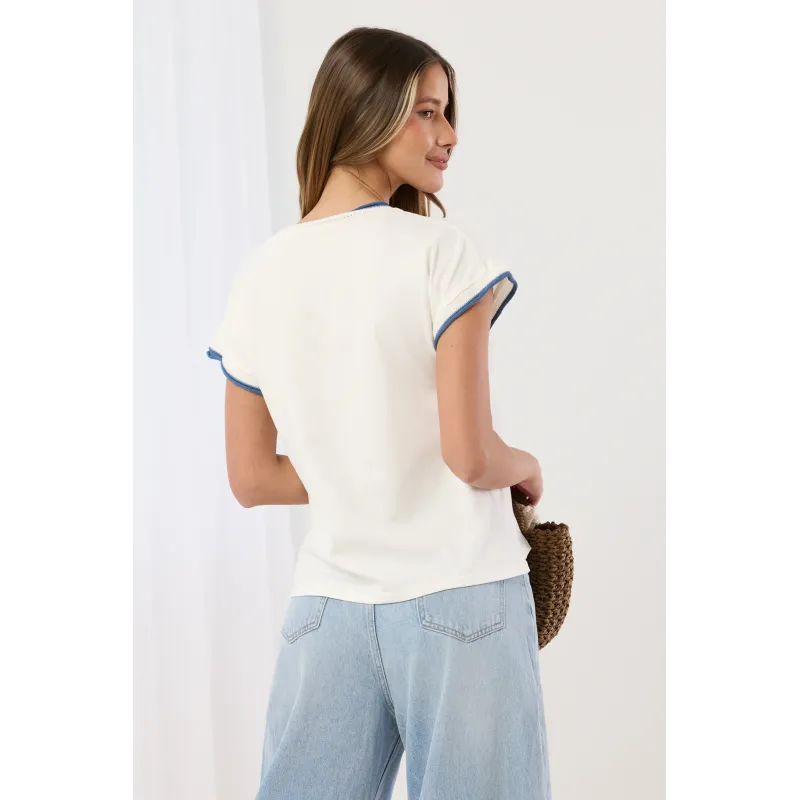 T-shirt z haftowaną lamówką i nadrukiem okularów