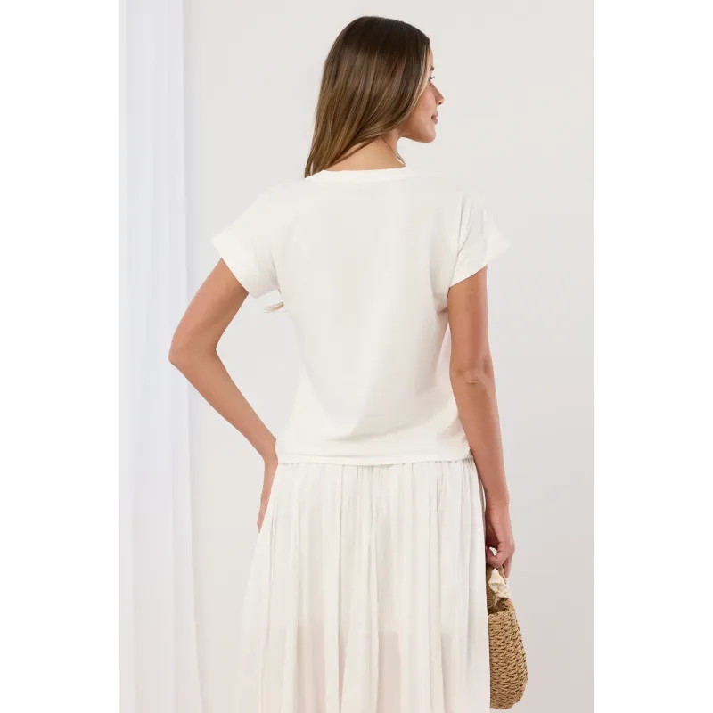 T-shirt z haftowanym panelem boho i cekinami