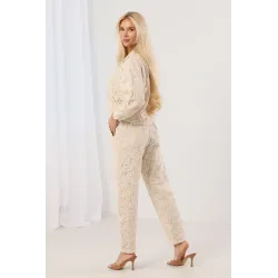 Koronkowy komplet z koszulą z perłowymi guzikami i spodniami