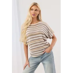 Lekki sweter z krótkim rękawem w pasy z metaliczną nitką