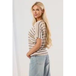 Lekki sweter z krótkim rękawem w pasy z metaliczną nitką