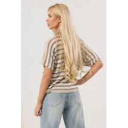 Lekki sweter z krótkim rękawem w pasy z metaliczną nitką