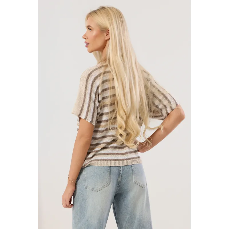 Lekki sweter z krótkim rękawem w pasy z metaliczną nitką