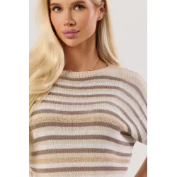 Lekki sweter z krótkim rękawem w pasy z metaliczną nitką