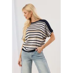 Lekki sweter z krótkim rękawem w pasy z metaliczną nitką
