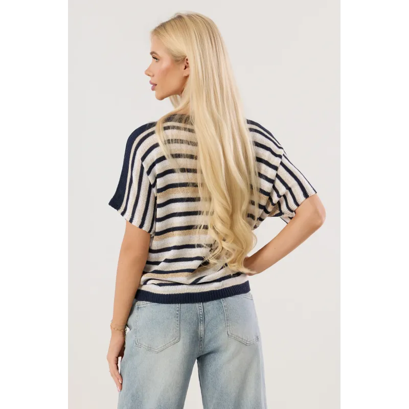 Lekki sweter z krótkim rękawem w pasy z metaliczną nitką