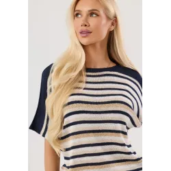 Lekki sweter z krótkim rękawem w pasy z metaliczną nitką