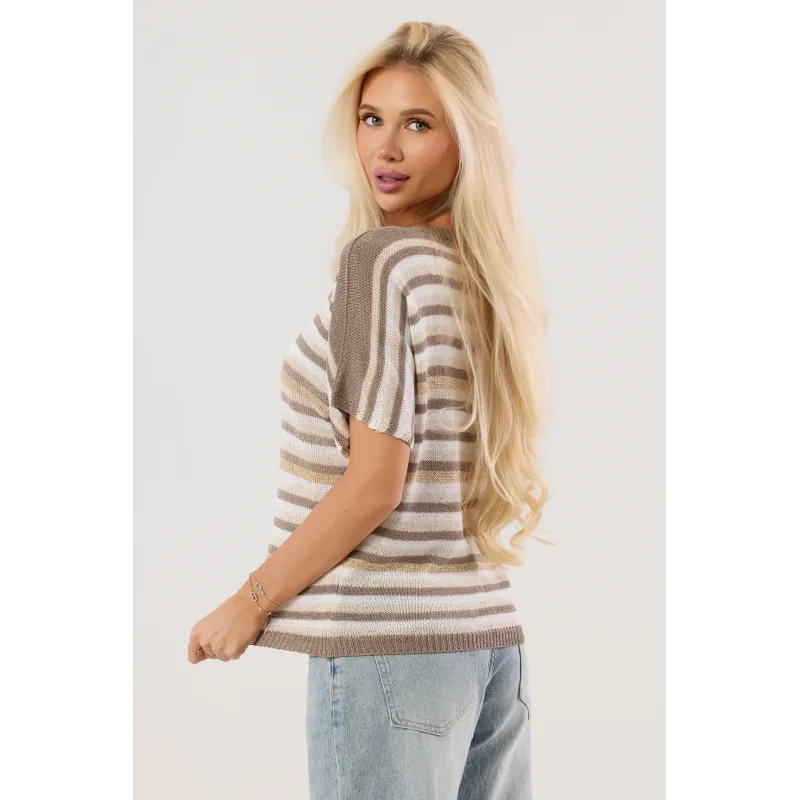 Lekki sweter z krótkim rękawem w pasy z metaliczną nitką