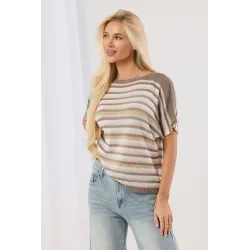 Lekki sweter z krótkim rękawem w pasy z metaliczną nitką