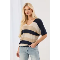 Dzianinowy sweter w poziome pasy z krótkim rękawem