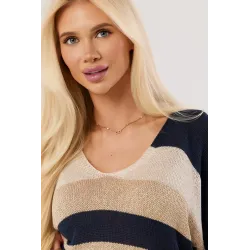 Dzianinowy sweter w poziome pasy z krótkim rękawem