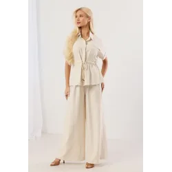 Komplet z koszulą z wiązaniem w talii i szerokimi spodniami