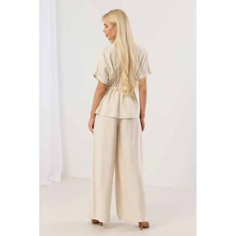 Komplet z koszulą z wiązaniem w talii i szerokimi spodniami