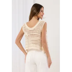 Ażurowy crop top z cekinami i splotem szydełkowym