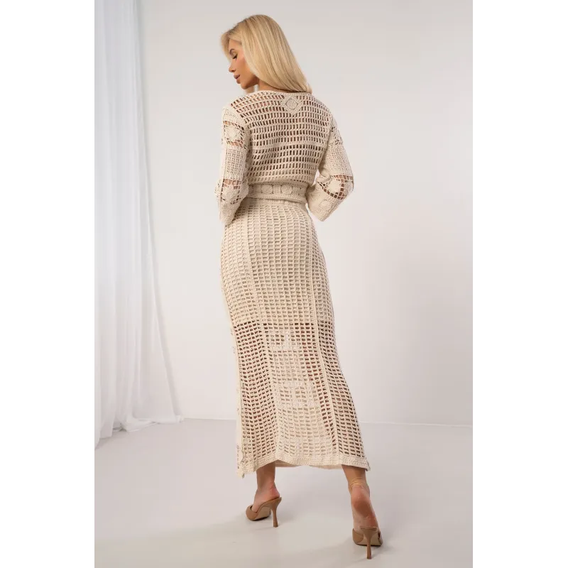 Ażurowy komplet boho z bluzką i spódnicą maxi