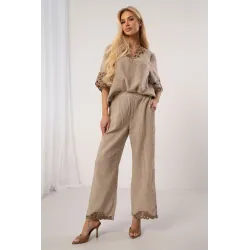 Komplet boho z bluzką i spodniami z ażurowym haftem