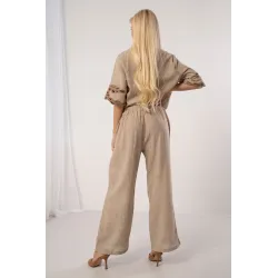 Komplet boho z bluzką i spodniami z ażurowym haftem